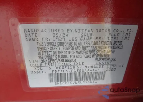 2024 Nissan Kicks Sv Xtronic Cvt z USA, uszkodzony, nr VIN 3N1CP5CV6RL555051